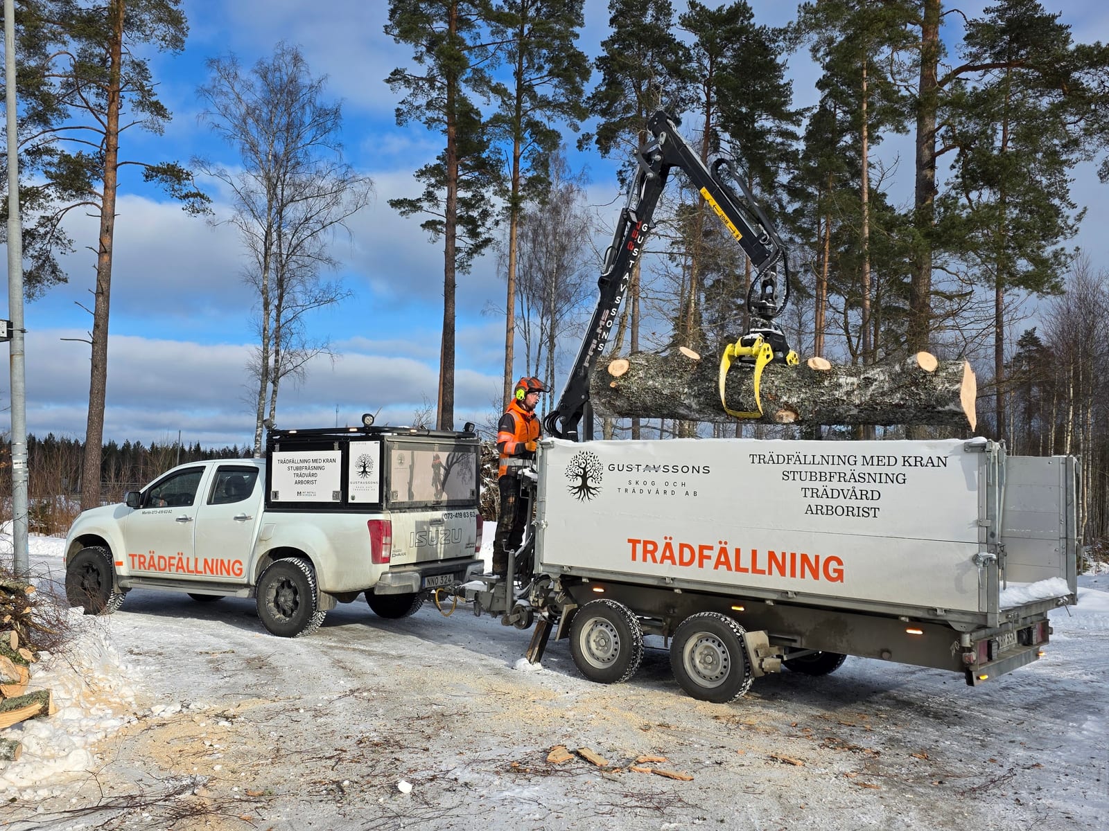 Gustavssons företagsbil och släp vid trädarbete i Kronoberg
